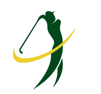 Golf club and golfer silhouette logo with green and yellow colors on a white background
