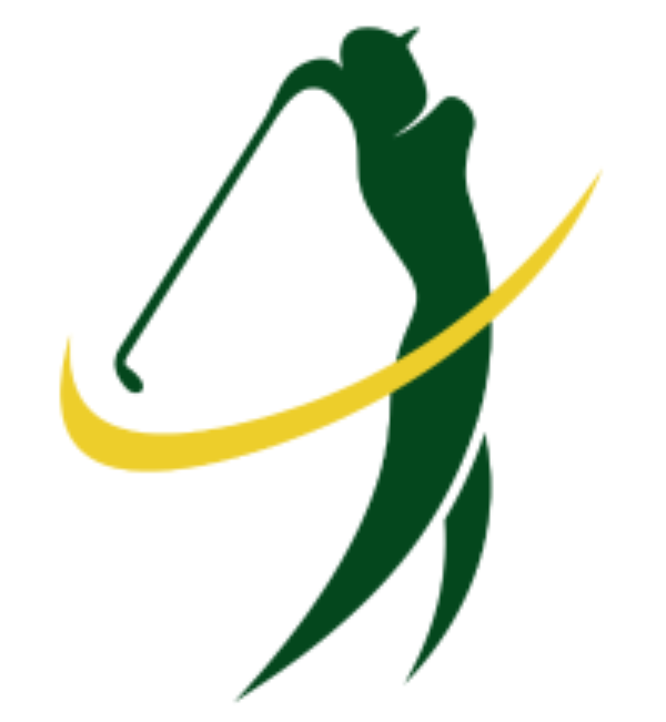 Golf logo with a golfer swinging a club, featuring green and yellow colors on a white background.