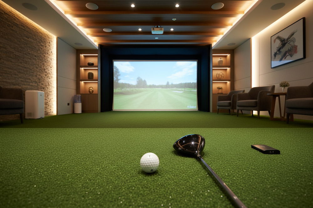 hotorealistic modern indoor golf simulator room inside a luxury home, large white impact screen centered on the wall, green turf flooring, wooden ceiling beams, cozy ambient lighting. Golf ball and club resting on the turf in the foreground. Spacious, clean, realistic setup with premium finishes. No people, no text, no logos. High-resolution interior photography style, warm and inviting atmosphere.